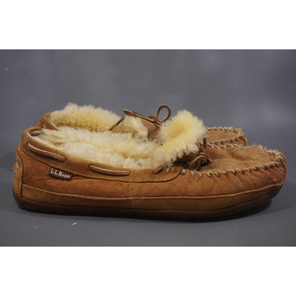 LL Bean Wicked Good Moccasin Slippers Mens Size 11 Brown Suede Sheepskin Fur